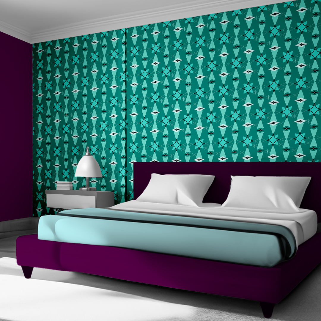 The artwork features a repeating geometric pattern of symmetrical shapes resembling elongated, curved diamonds or petals in various shades of blue and green. Each shape is split vertically with one half filled with a light blue and the other half filled with green or darker blue. The background is a light, almost pastel blue, which provides a soft yet vibrant backdrop. One of the blue shapes near the upper left contains a white starburst element, adding a focal point of brightness to the composition. The overall design conveys a modern, mid-century aesthetic with clean lines and harmonious color contrasts.
